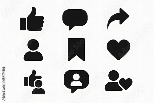 Social media icons: A collection of social media icons, neatly arranged and designed with clean lines, representing the key elements of online interaction such as like, comment, share, and more.