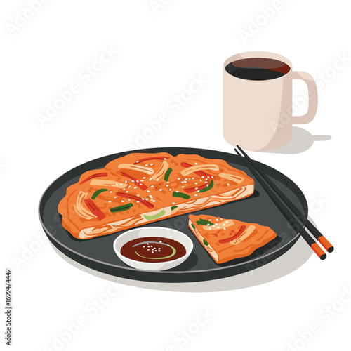 Kimchi pancake with dipping sauce in vector illustration with modern Korean food mood, bold flat colors, simplified geometric shapes and minimalistic presentation on light background