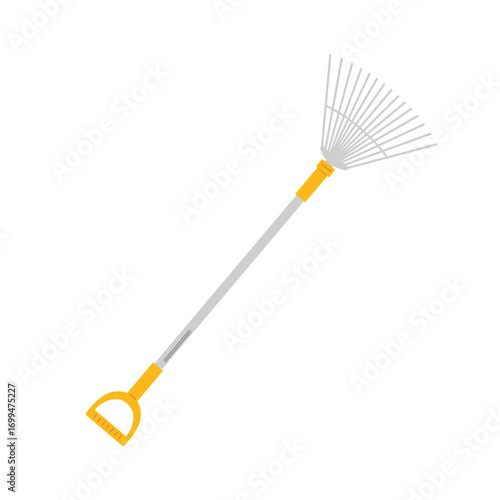 Garden rake with a long handle designed for easy leaf collection in autumn months
