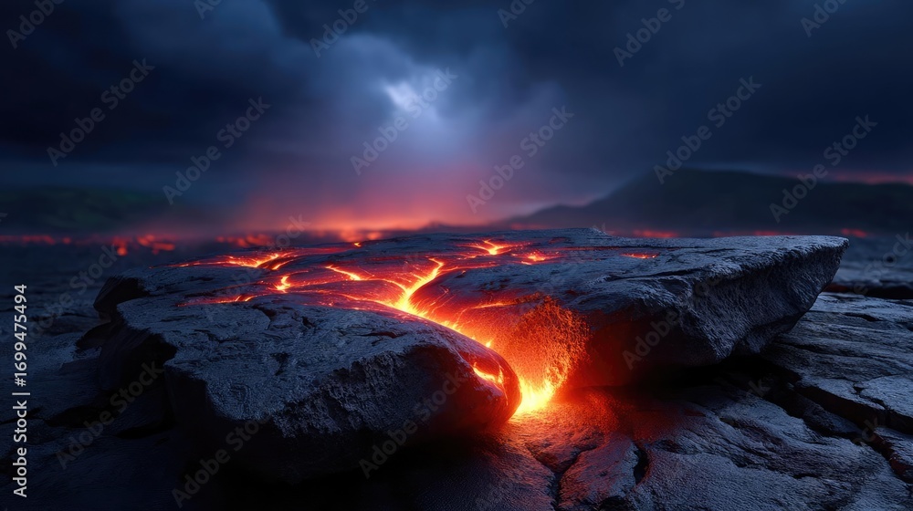 Fototapeta premium 360 degree panorama map of black environment concept. A stunning view of molten lava flowing through dark rocks.