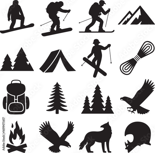 Outdoor Adventure and Nature Silhouette Icons Collection Keywords: snowboarder, skier, mountaineer