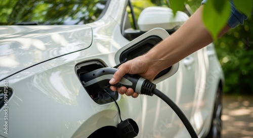 Charging Electric Vehicle: Hand Plugging in Charger to White EV
