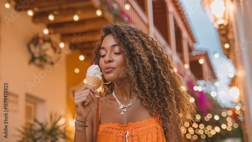 Cheerful female tourist with ice cream walks confidently through historic city street