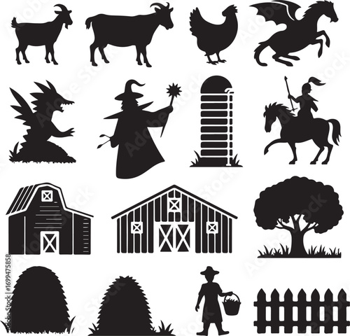 Farm Animals Fantasy Creatures and Rural Icons Keywords: goat, goats, chicken, hen, dragon, mythical