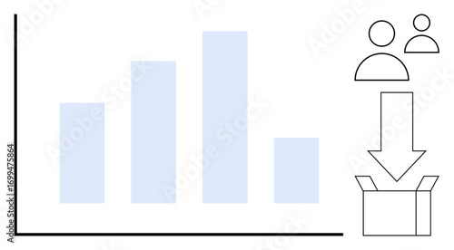 Bar chart with ascending columns, user icons, downward arrow pointing to a box, indicating data-driven teamwork and decision-making. Ideal for analytics, strategy, reports, teamwork, collaboration
