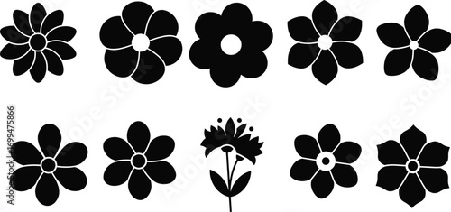 Collection of Flower Silhouettes in Various Petal Styles for Decorative Design, Floral Art, Nature Icons, and Botanical Vector Elements