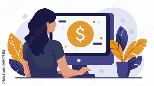Woman working on computer financial focus
