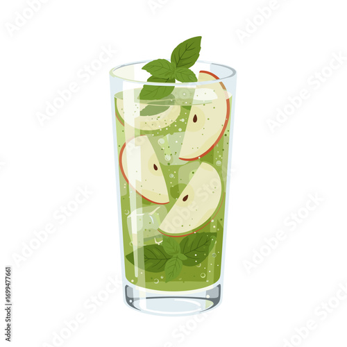 Tall glass of apple basil mocktail in flat vector illustration with ice cubes, apple slices and basil leaves, condensation details on white background