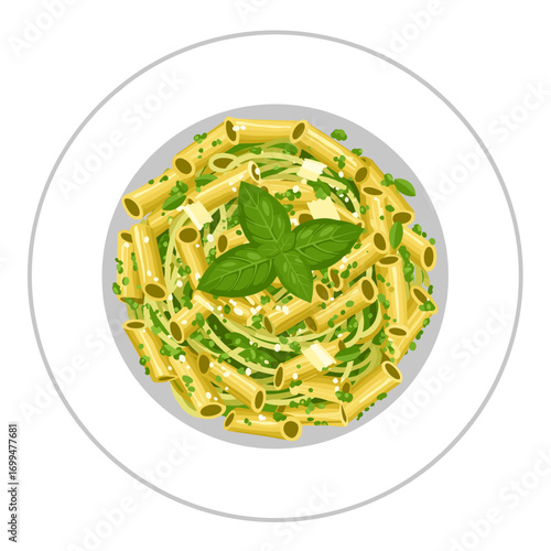 Pesto pasta with basil leaves and parmesan garnish, fresh and appetizing, flat vector illustration top-down view with vibrant colors, isolated on white background