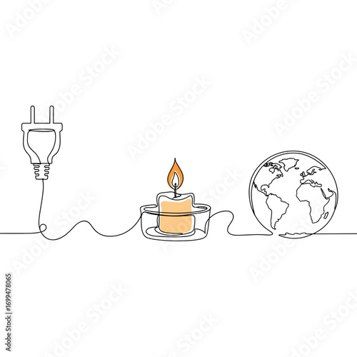 Unplugged power cord flowing into glowing candle and stylized globe, monoline vector illustration with warm amber flame, symbolizing mindfulness and sustainability, white background, with copy space