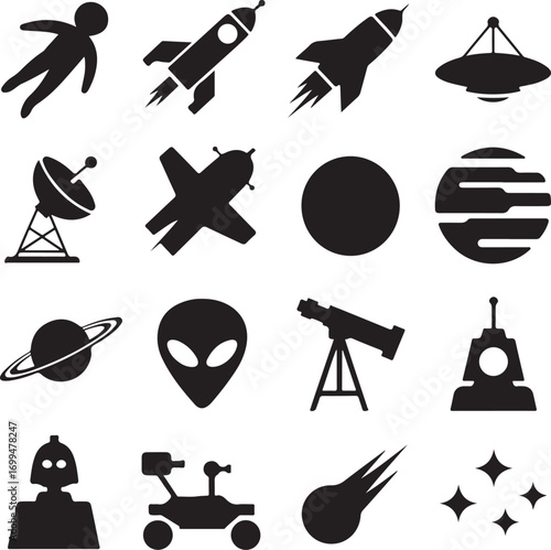 Space Exploration and Sci- Fi Icons Collection Silhouette Keywords: space, exploration, sci-fi