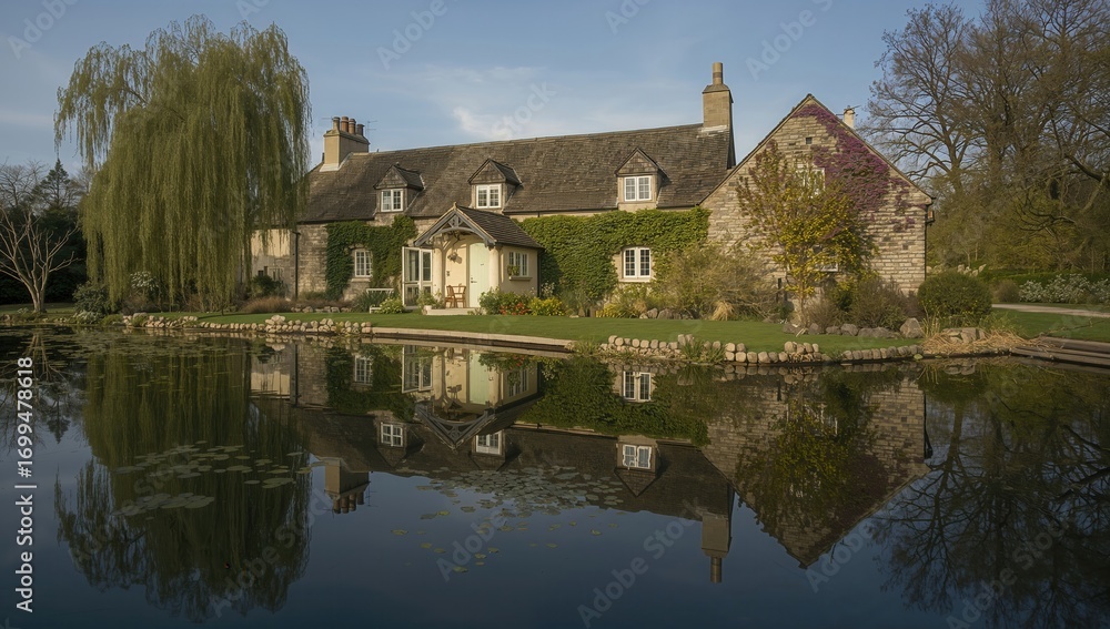 Obraz premium Charming cottage reflected in a tranquil pond surrounded by lush greenery and trees