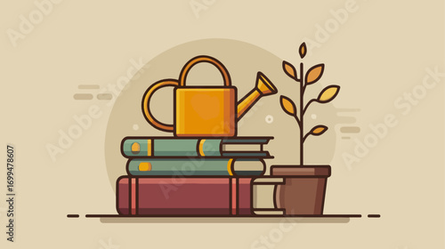 Books watering can plant still life