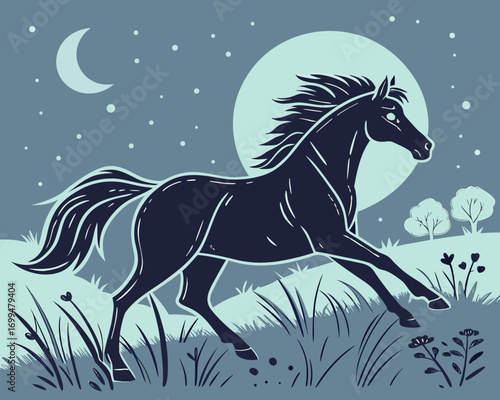 Dark horse galloping through a moonlit meadow