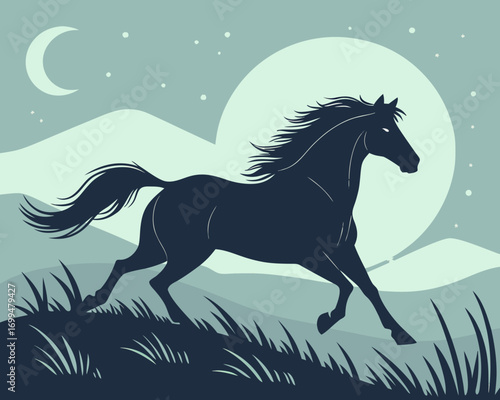 Silhouette of a majestic horse running under the moonlit night sky