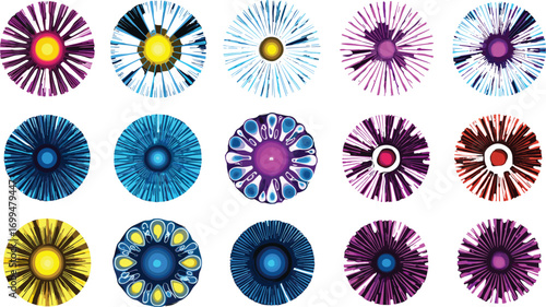 Colorful abstract circular burst designs, vibrant radial lines, psychedelic starbursts, digital sunburst art for backgrounds, prints, posters, design.