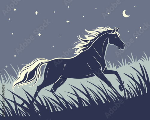 Dark horse galloping through tall grass under a starry night sky