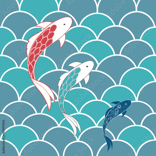 Three stylized koi fish swim in a pattern of blue and teal scales