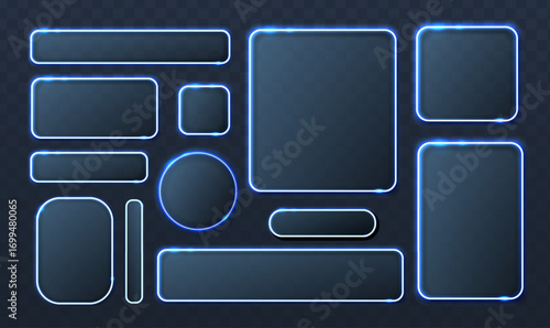 Vector illustration. Glass neon glowing frames in different shapes for mobile apps and design elements.