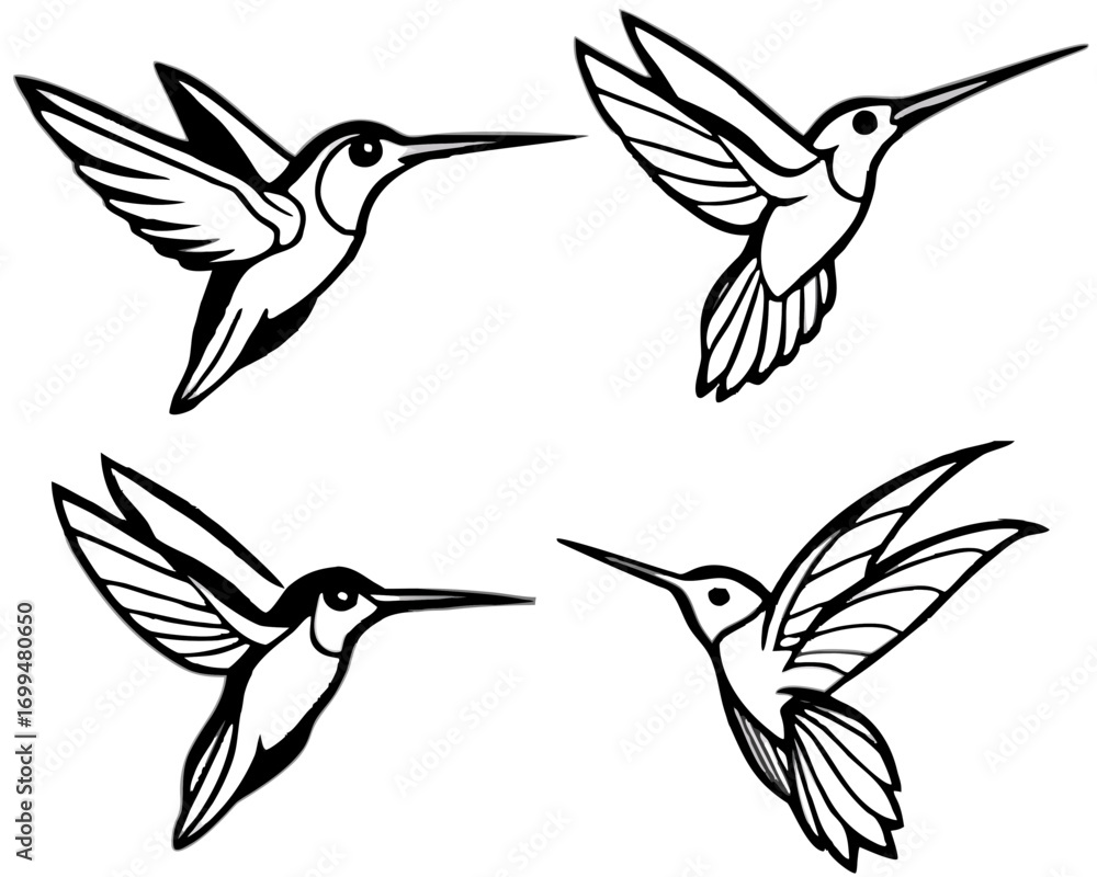 Obraz premium Four stylized hummingbird silhouettes in flight on white background