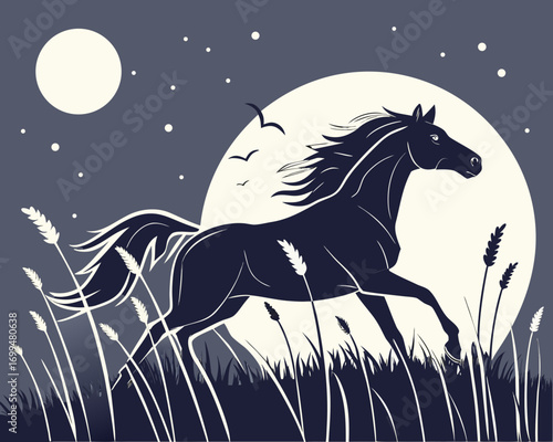 Silhouette of a majestic horse running through tall grass under a full moon