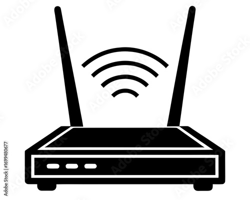 Black and white icon of a wireless router emitting wi fi signals