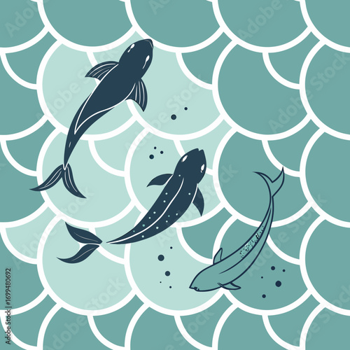 Three stylized fish swimming in a pattern of overlapping scales