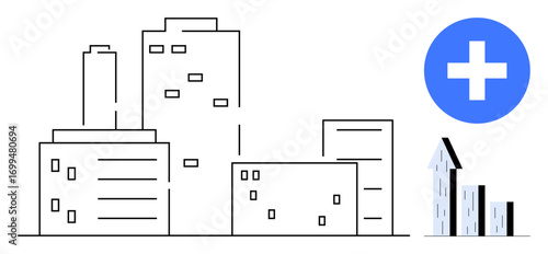 Outline of city buildings with blue plus icon and growing bar chart. Ideal for urban planning, development, progress, real estate, economy, healthcare, corporate vision, simple landing page
