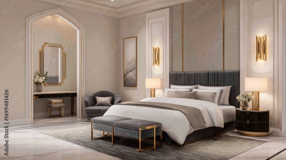 Fototapeta premium Elegant modern bedroom featuring a cozy seating area, stylish decor, and soft lighting for relaxation