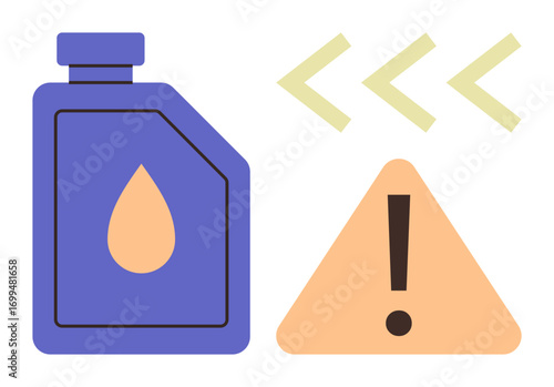Blue motor oil container with a drop icon next to a warning triangle and directional arrows. Ideal for safety warnings, car maintenance, caution signs, auto care, risk management, hazardous material