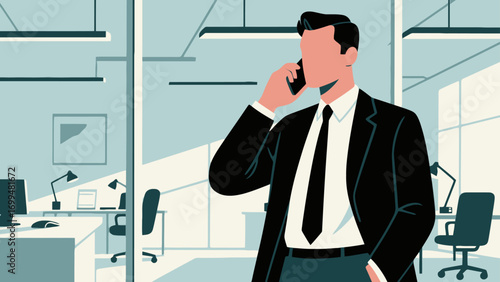 Business people make phone calls in the office to communicate and discuss cooperation. Hand-drawn vector illustration
