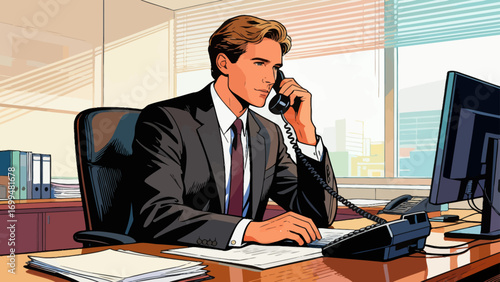 Business people make phone calls in the office to communicate and discuss cooperation. Hand-drawn vector illustration