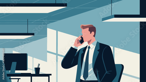 Business people make phone calls in the office to communicate and discuss cooperation. Hand-drawn vector illustration