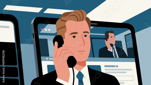 Business people make phone calls in the office to communicate and discuss cooperation. Hand-drawn vector illustration