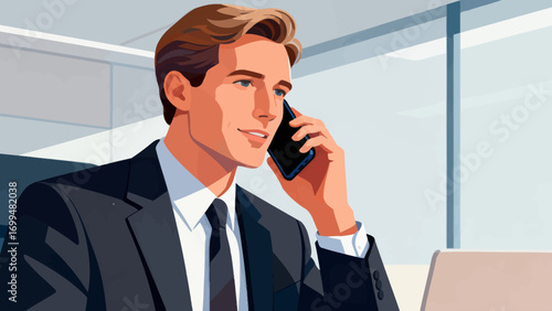 Business people make phone calls in the office to communicate and discuss cooperation. Hand-drawn vector illustration