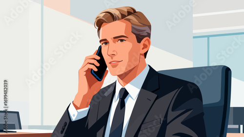 Business people make phone calls in the office to communicate and discuss cooperation. Hand-drawn vector illustration