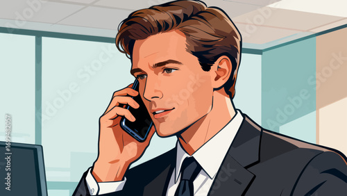 Business people make phone calls in the office to communicate and discuss cooperation. Hand-drawn vector illustration