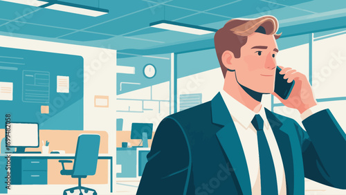 Business people make phone calls in the office to communicate and discuss cooperation. Hand-drawn vector illustration