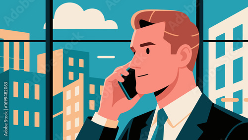 Business people make phone calls in the office to communicate and discuss cooperation. Hand-drawn vector illustration
