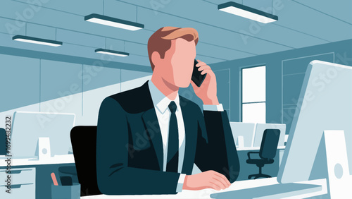 Business people make phone calls in the office to communicate and discuss cooperation. Hand-drawn vector illustration