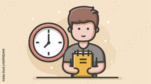 Man holding notepad and clock