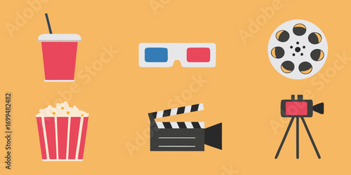 Movie icons set popcorn drink 3d glasses film reel clapperboard camera