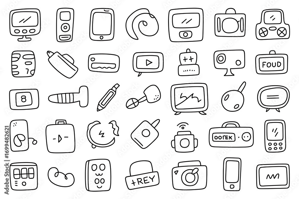 Fototapeta premium Collection of hand drawn doodle icons representing various electronic gadgets and technology devices in a grid layout