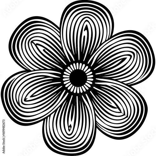 Stylized black and white flower graphic with concentric petal lines