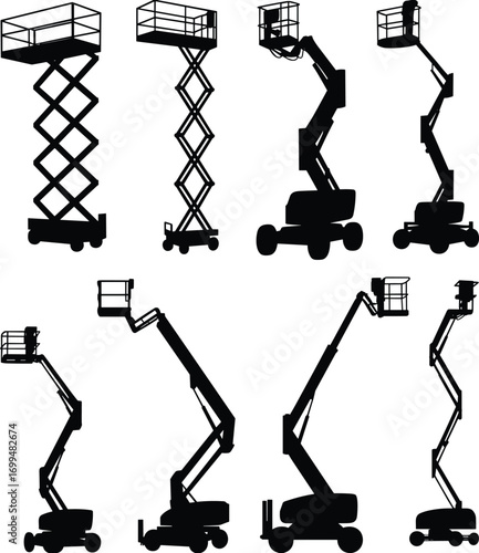 Aerial work platform silhouettes, mobile elevating work platforms, scissor lift, boom lift, articulating lift, telescopic lift, construction equipment, black white industrial illustration