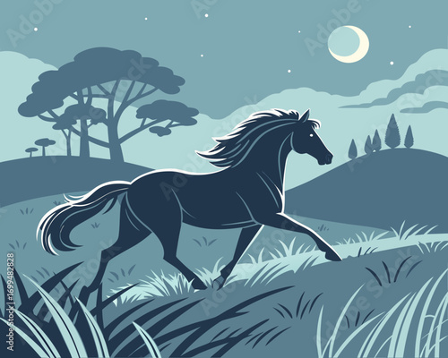 Majestic dark horse galloping through a moonlit grassy field
