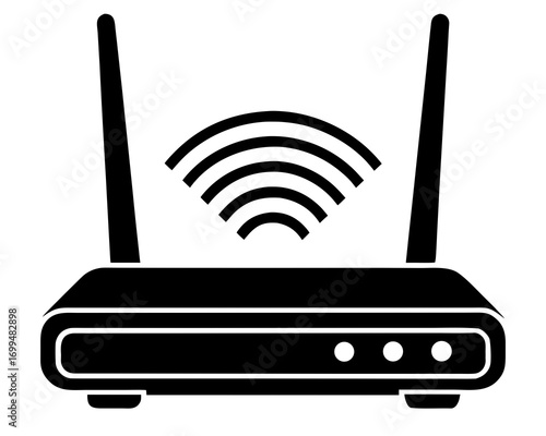 Black and white icon of a wireless router with wifi signal