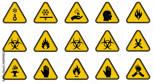 Warning signs in yellow triangles, including biohazard, fire, and corrosive symbols.