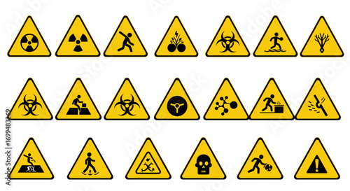 Collection of triangular yellow warning signs with various hazard symbols.