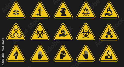 Collection of yellow triangular hazard warning signs on a dark background.